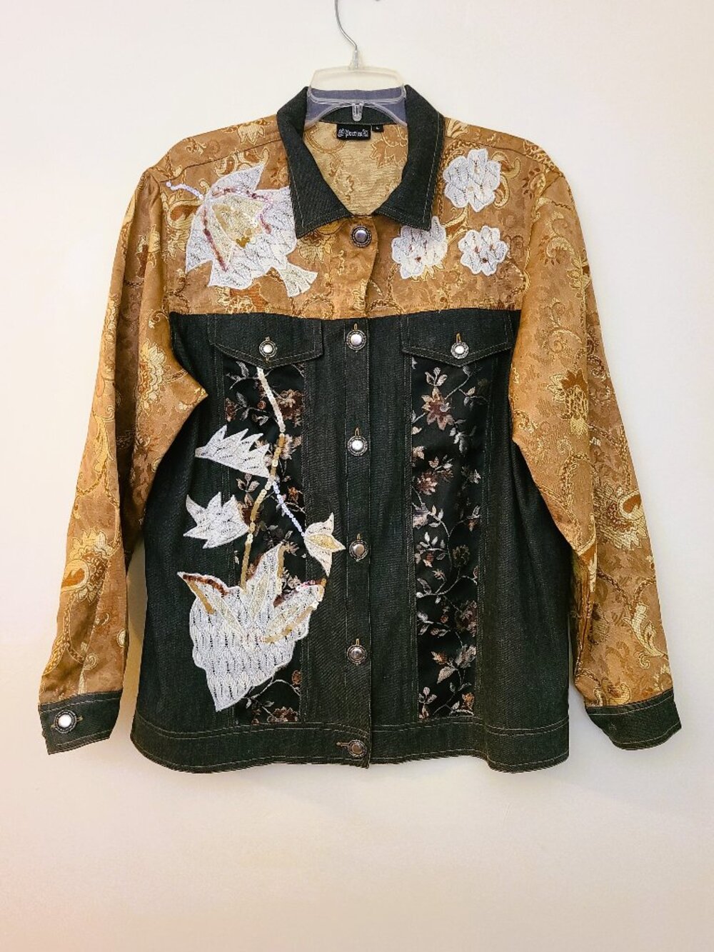 Vintage Poetica Denim Sequined Floral Jacket - Size Large